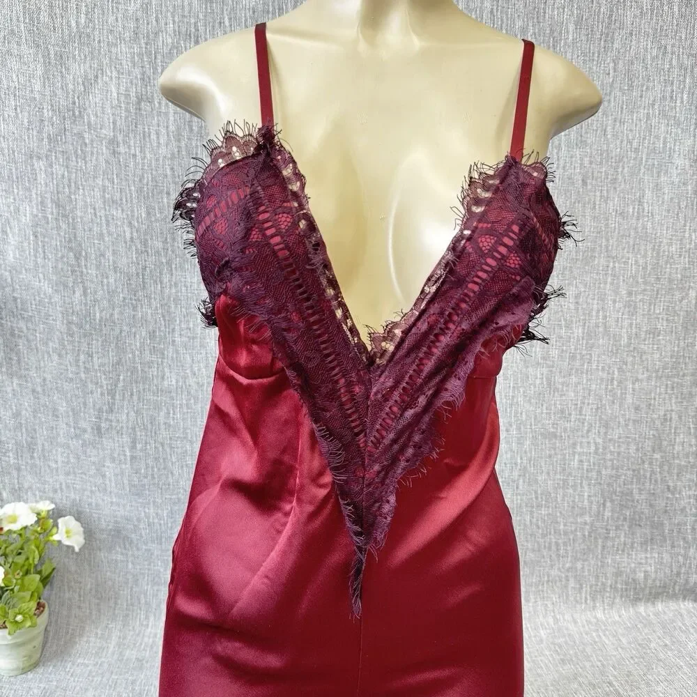 Nasty Gal Burgundy Satin Wide Leg Jumpsuit Lace Trim PTP 16 Open Back XXS Slit - Picture 6 of 16